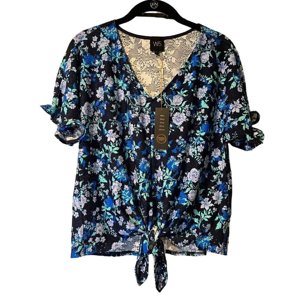 Floral Tie-Front Blouse Blue Green‎ Lavender Short Sleeve Summer Top